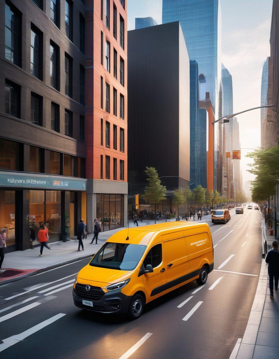 A dynamic scene depicting a sleek delivery van in motion, surrounded by digital graphs and analytics representing efficient logistics strategies. Include elements like maps, route optimization symbols, and icons symbolizing teamwork and organization. The background features a bustling urban environment with subtle hints of technology, emphasizing speed and efficiency. Bright colors with a modern, fresh aesthetic. super-realistic. vibrant colors. 3D.