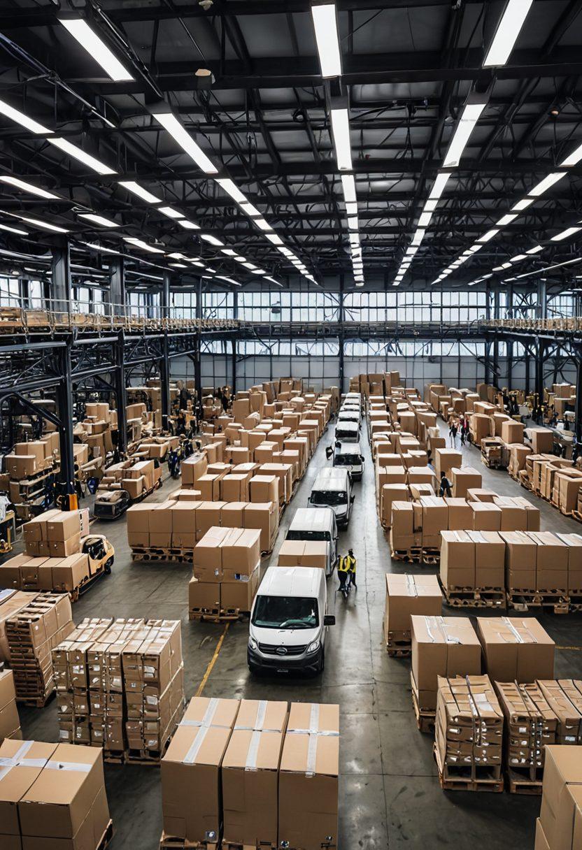 A dynamic warehouse scene showcasing a fleet of vans being loaded with goods, featuring a diverse team of logistics experts collaborating with digital tablets and blueprints. Highlight the efficient use of space and organization, with clear signage and vibrant logistics management graphics. Include a backdrop of a bustling city skyline symbolizing enterprise success. super-realistic. vibrant colors.