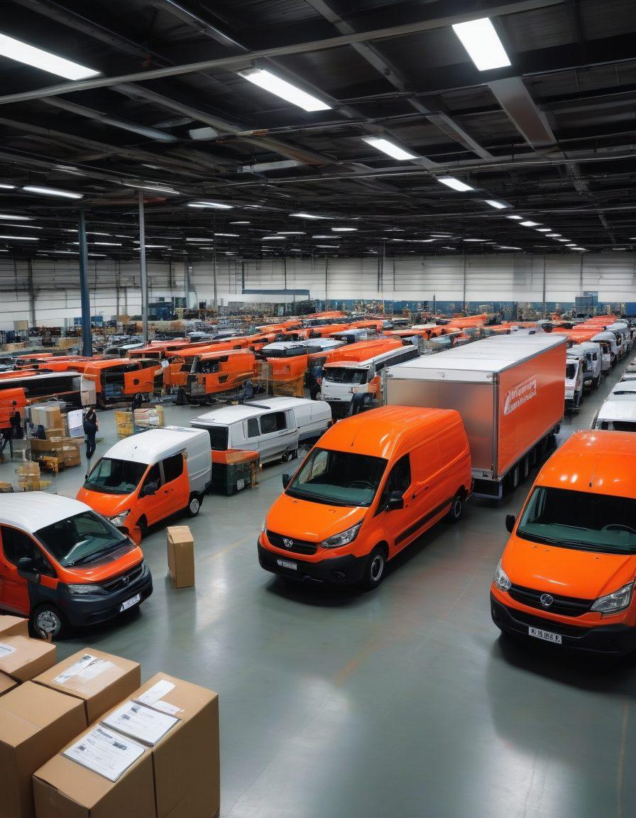 A modern van fleet organized in a sleek, open warehouse, highlighting efficient procurement processes with checklists and digital devices. Include a diverse team of professionals collaborating over strategy documents, with a digital dashboard displaying metrics and management insights. The atmosphere is dynamic and supportive, emphasizing teamwork and precision in logistics. bright colors. super-realistic.